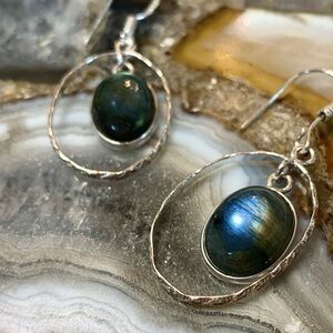 2366 Silver and Blue Labradorite Gemstone Hoop Earrings